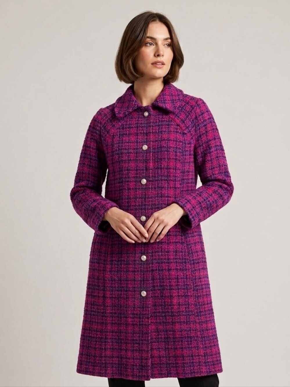 Vintage Pink and Purple Plaid Buttoned Trench Coat Wool